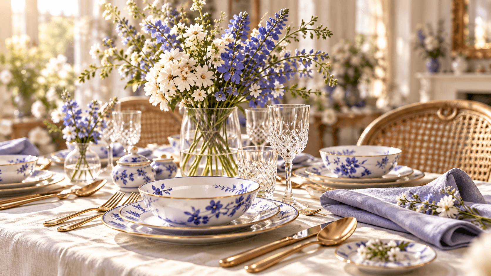 Table élégante dressée de vaisselle fleurie bleue, verrerie et fleurs des champs